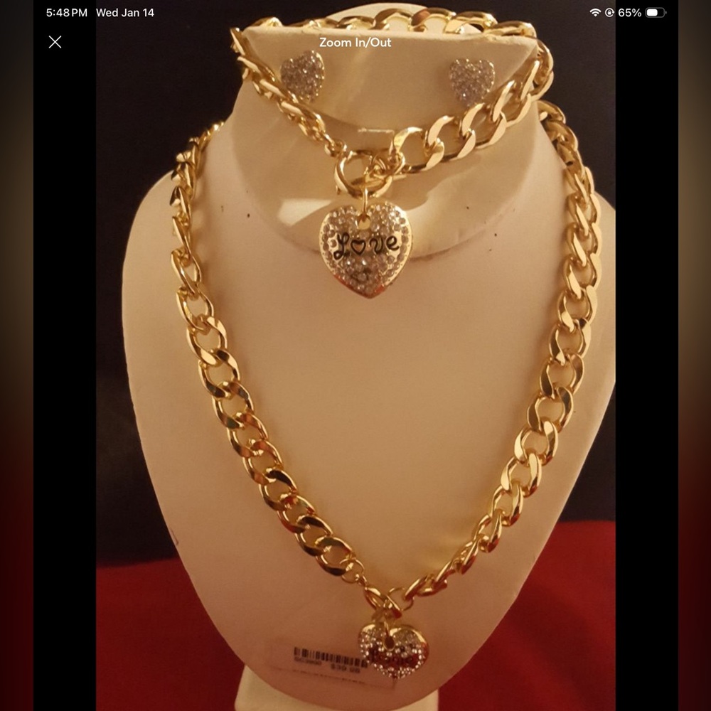 ELEGANT ROSE/GOLD 3PC CRYSTAL LOVE PUFF HEART NECKLACE BRACELET &EARRING 18Kg.p. - Picture 12 of 16